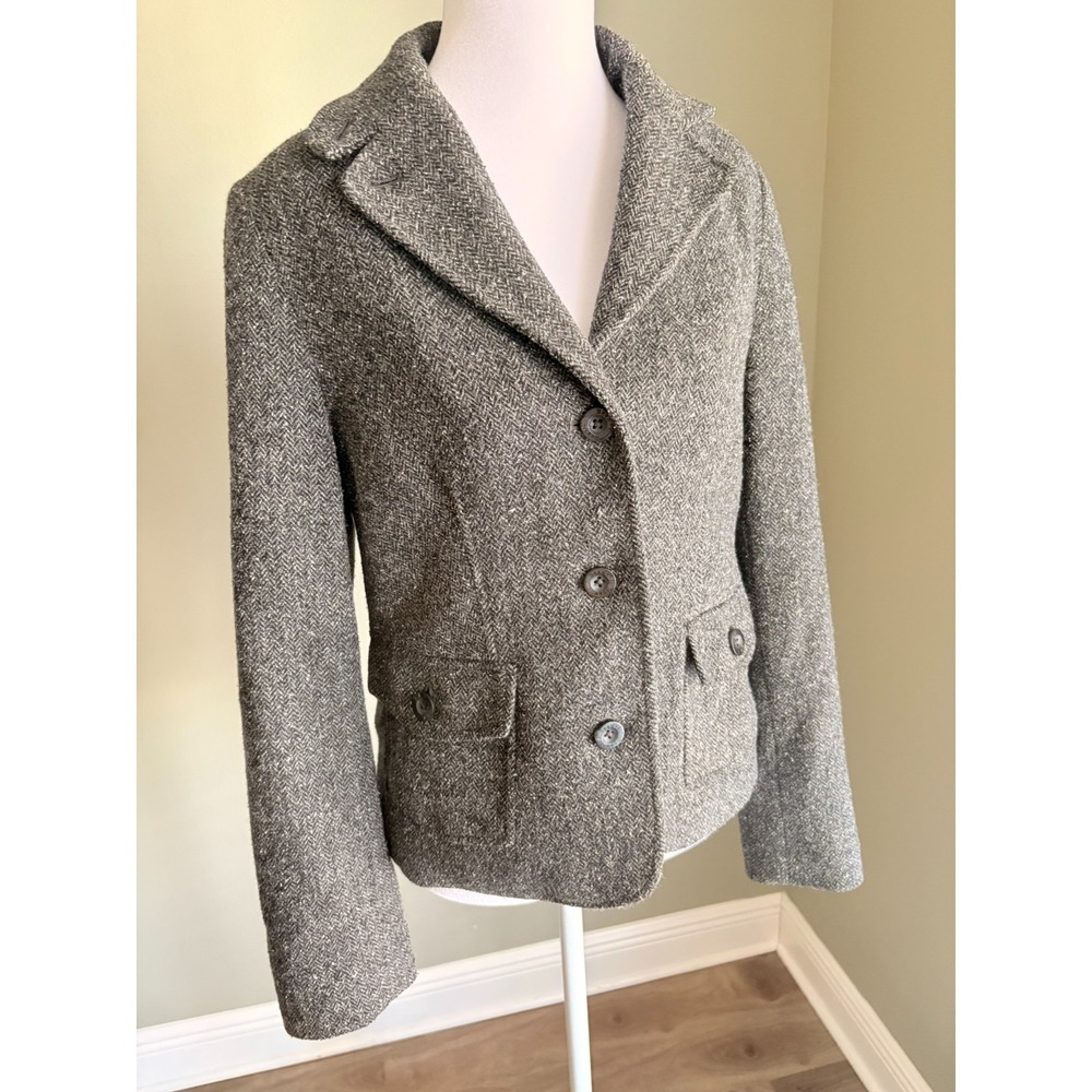 LL Bean Wool Silk Blend Herringbone Blazer Jacket, Women XS Reg, Gray Lined Coat